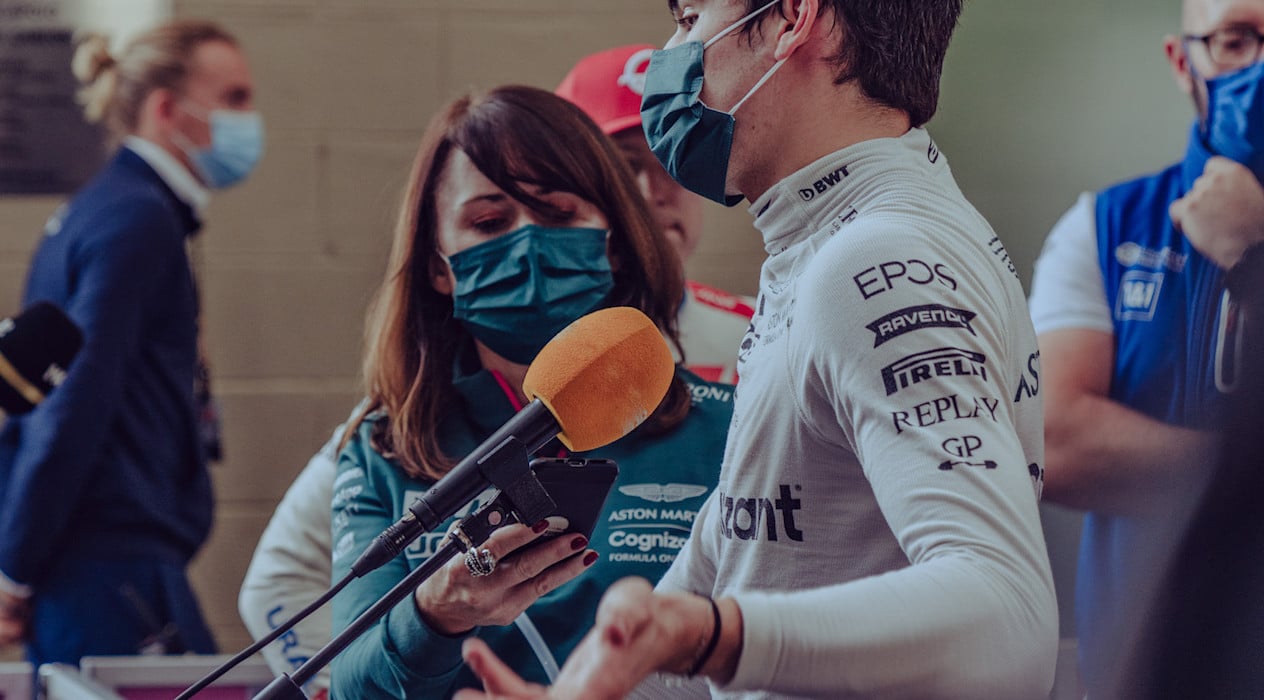 Senior Media Officer, Joanne Revill, with Lance Stroll