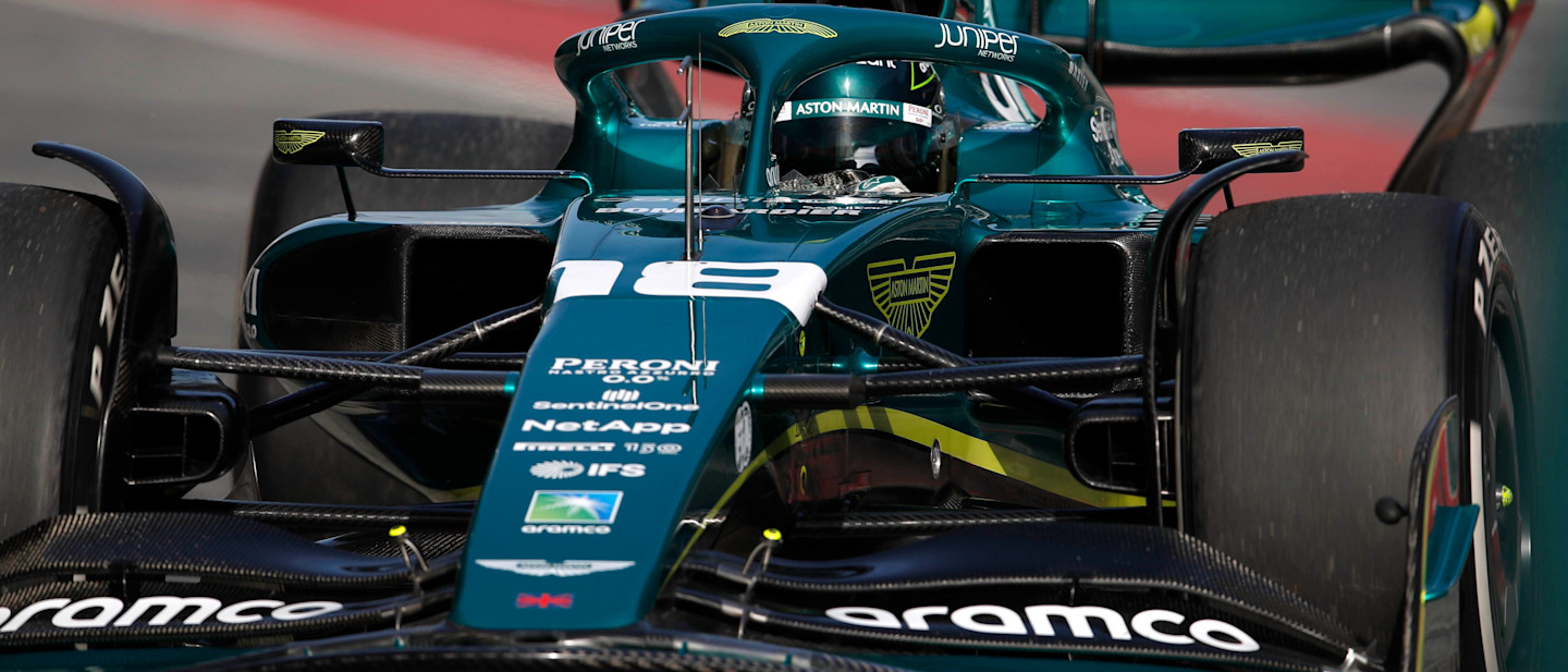 Lance Stroll in the AMR22 in Barcelona