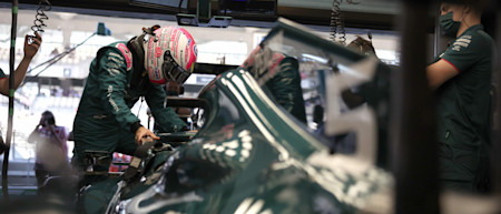Sebastian climbs into the AMR21 for FP1