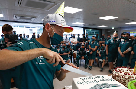 The team celebrates Sebastian Vettel's birthday at the Austrian Grand Prix