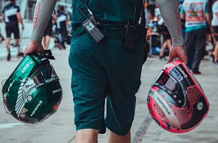 The drivers helmets are prepped and ready to go