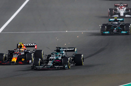 Lance battles Red Bull's Sergio Perez in the 2021 Qatar Grand Prix.