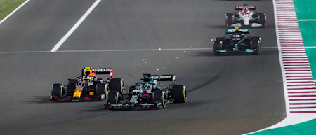 Lance battles Red Bull's Sergio Perez in the 2021 Qatar Grand Prix.