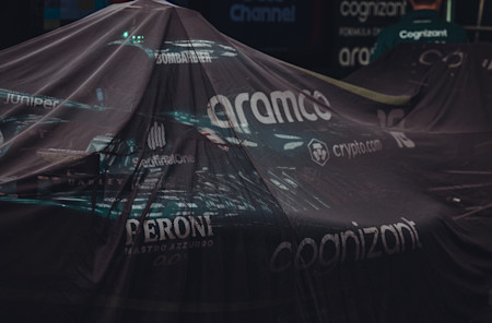 The AMR22 goes under the covers at the end of Friday running