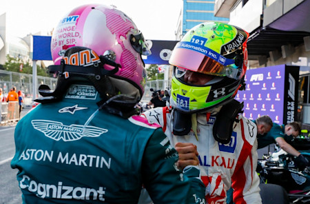 Mick Schumacher congratulates Sebastian after the Grand Prix