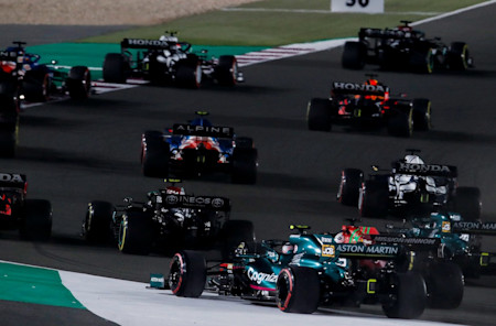 Lights out: Sebastian and Lance go wheel-to-wheel with their rivals at the start of the 2021 Qatar Grand Prix.