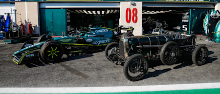 The AMR22 and the Green Pea stood side-by-side in the Paul Ricard pitlane.