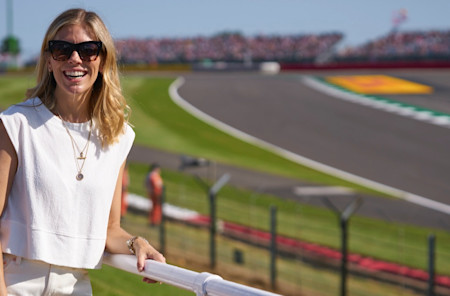 Formula E Presenter Nicki Shields enjoys the views from the Amici Di Peroni hospitality