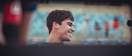 Lance is all smiles as the F1 grid lines up for a photoshoot