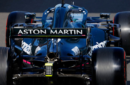 The AMR21 heads out for practice on the Soft tyre