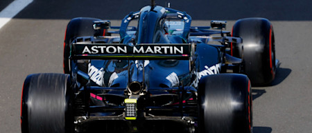 The AMR21 heads out for practice on the Soft tyre