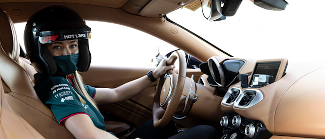 Driver Ambassador Jessica Hawkins on F1 Hot Laps duty in the Aston Martin Vantage