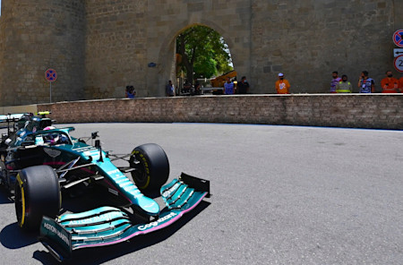 The Old City: Sebastian powers past historic Baku on his way to a podium