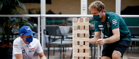 Sebastian goes head-to-head with Mick Schumacher for a game of giant Jenga