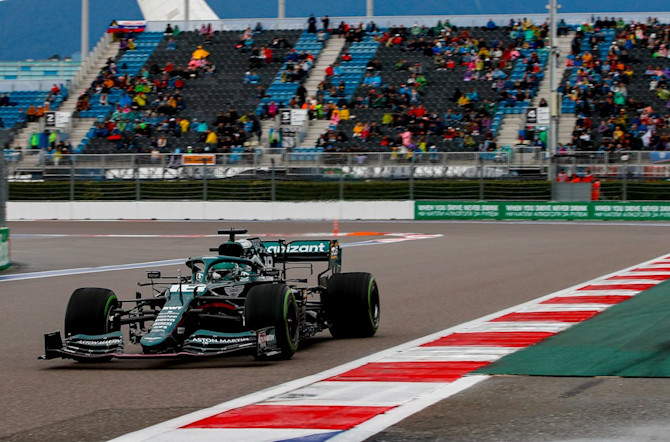 Lance powers past the grandstands in practice for the Russian Grand Prix