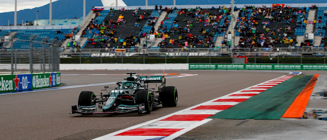 Lance powers past the grandstands in practice for the Russian Grand Prix