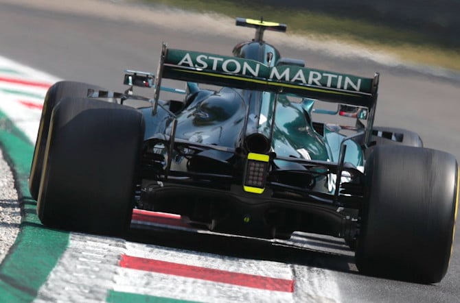 The AMR21 rides the kerbs at Monza