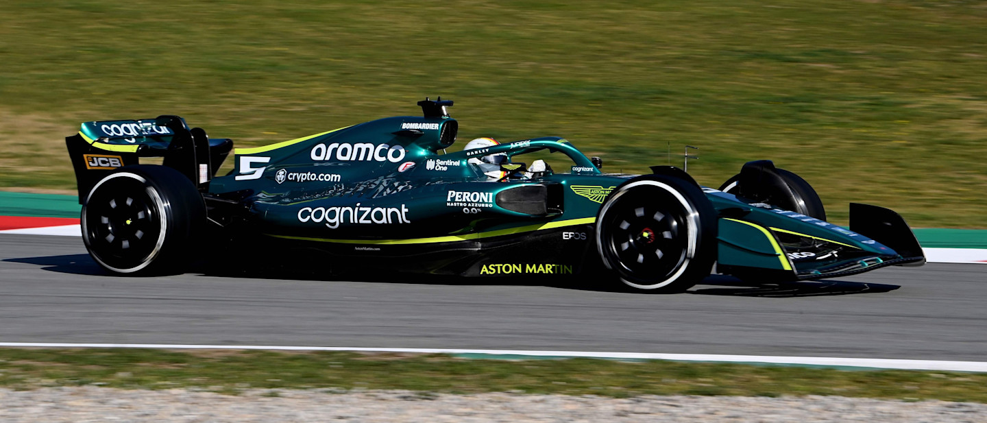 Sebastian in the AMR22 in Barcelona testing
