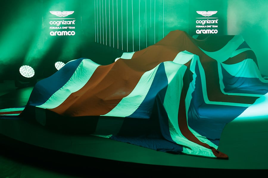 Waiting patiently. Hidden beneath the Union Flag, the AMR23 was kept tightly under wraps ahead of its unveiling.