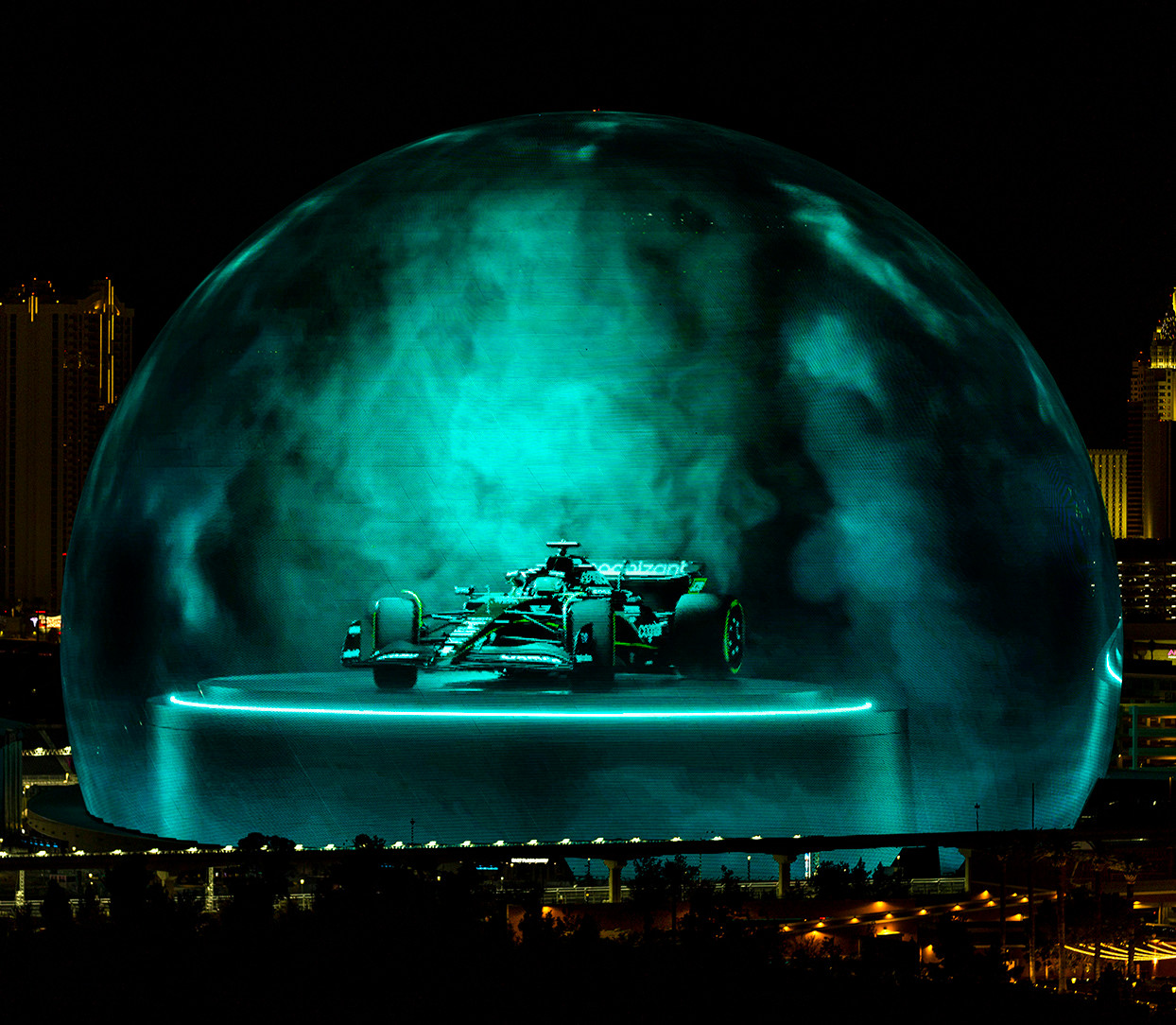 Aston Martin illuminates the Sphere ahead of the Las Vegas Grand Prix ...