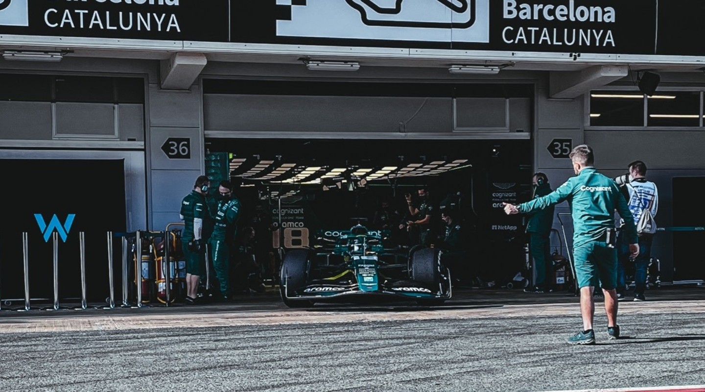 Lance in the AMR22 in Barcelona