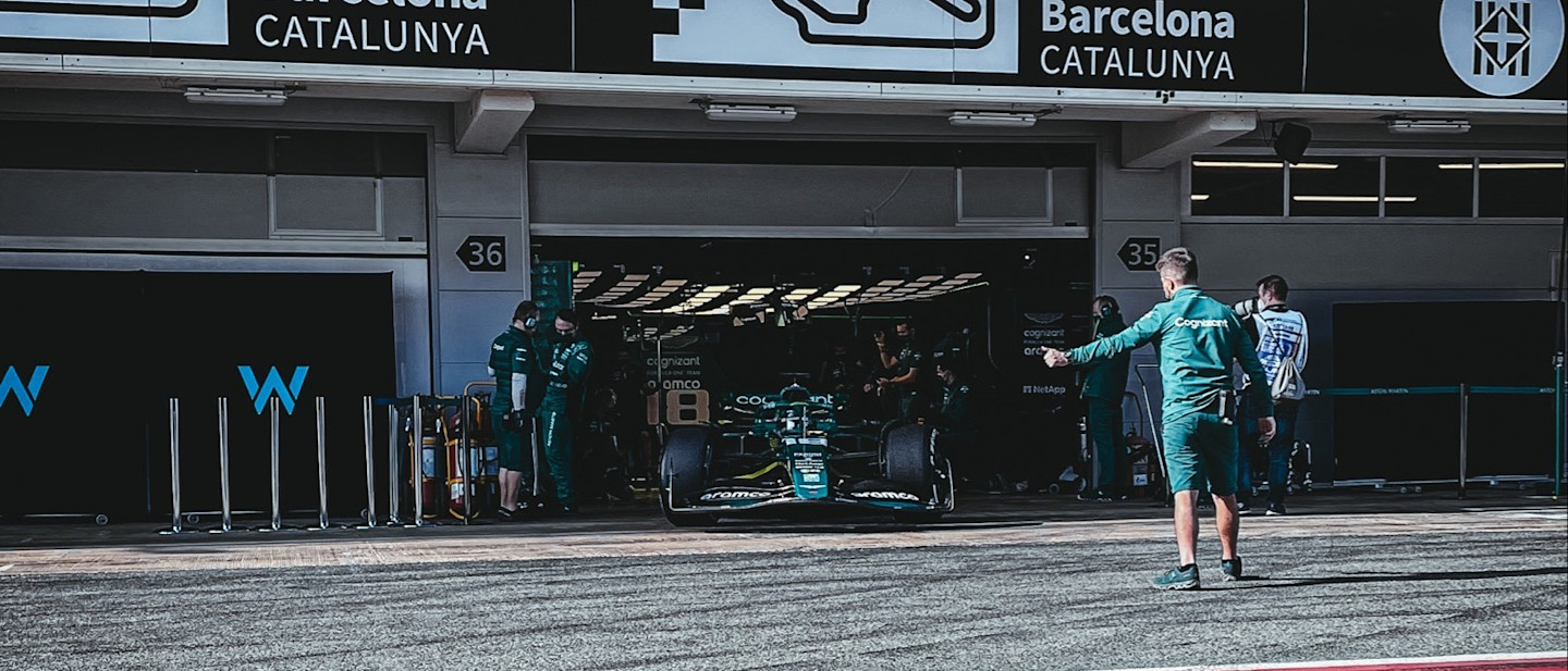 Lance in the AMR22 in Barcelona