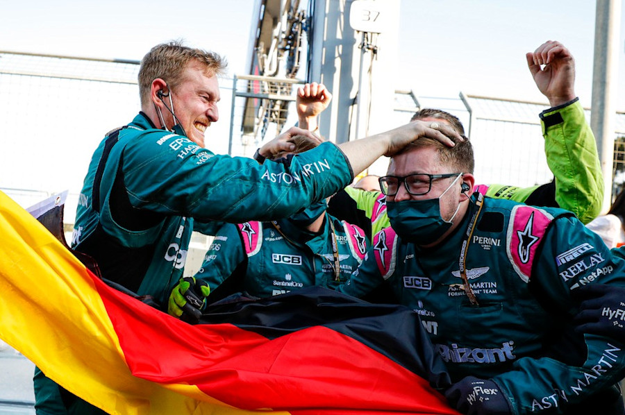 The team celebrates Sebastian's podium in Baku