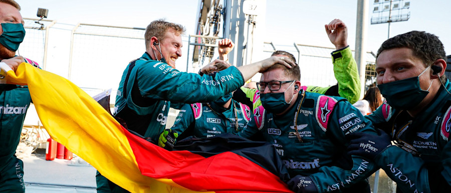 The team celebrates Sebastian's podium in Baku