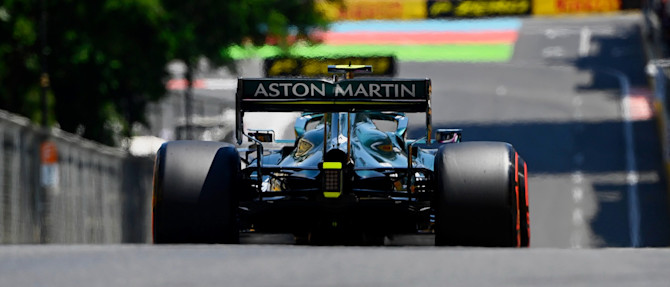 The AMR21 heads down to Turn 16 ahead of the 2km main 'straight'.