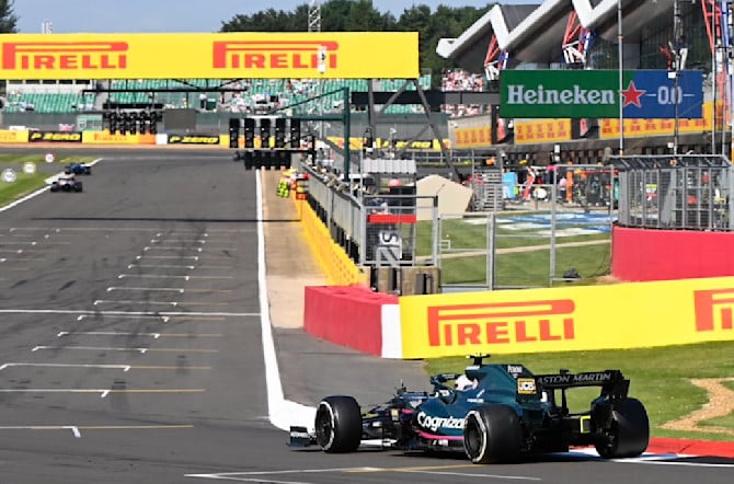 Sebastian rounds the final corner on a lap of Silverstone during the Grand Prix