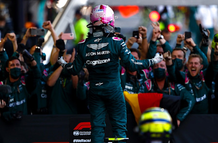 Sebastian celebrates Aston Martin's first podium with the team