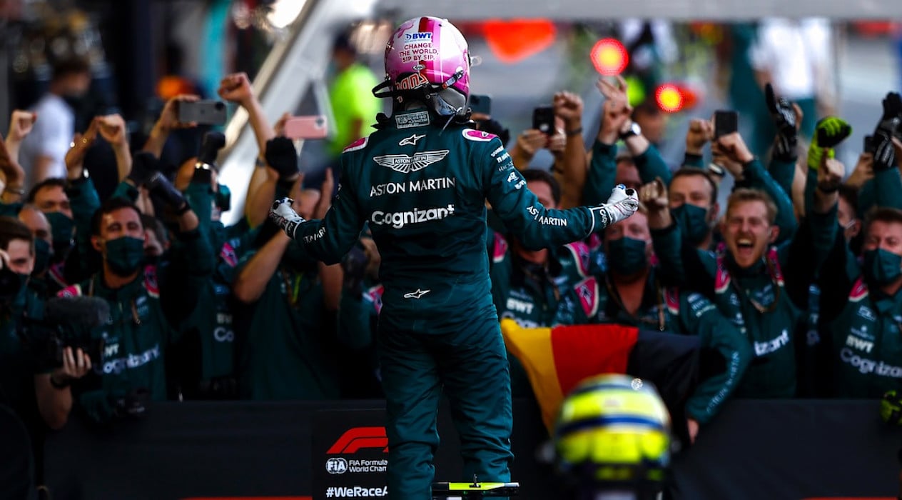Sebastian celebrates Aston Martin's first podium with the team