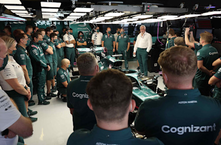 Executive Chairman Lawrence Stroll delivers a speech thanking the team for their hard work