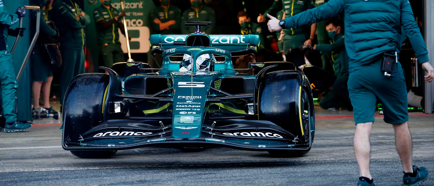 The AMR22 leaves the garage