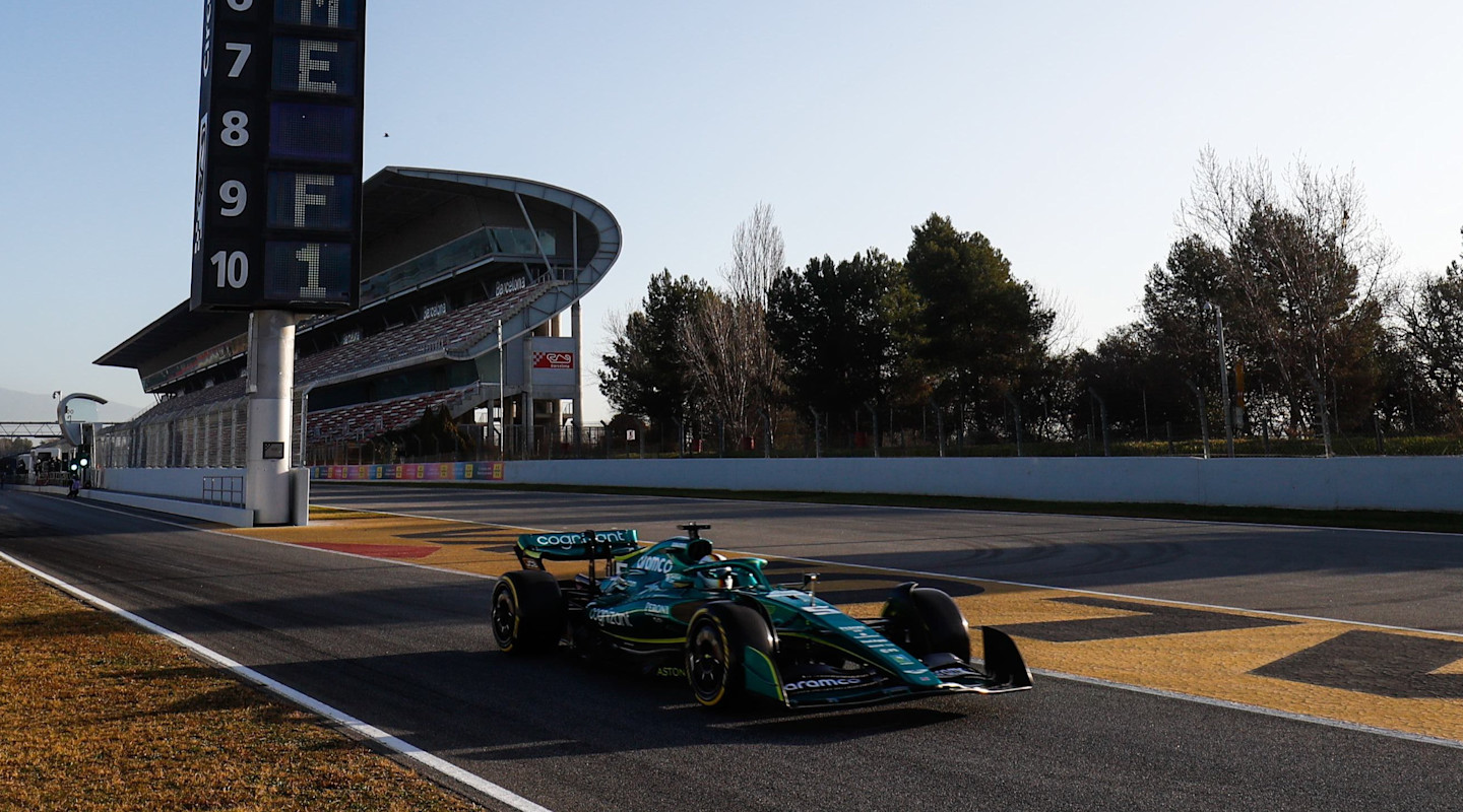 The AMR22 takes to the track in Barcelona