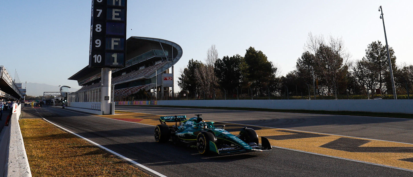 The AMR22 takes to the track in Barcelona