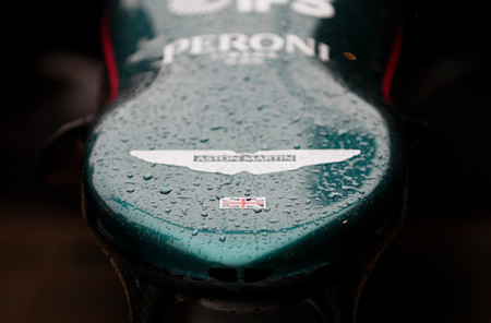 Rain falls on the nosecone of the AMR21