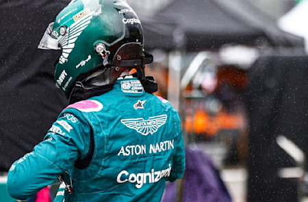 Lance prepares to climb into the AMR21 on Sunday