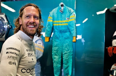For the weekend, Sebastian's old race suit and helmet from 1995 were on display in the garage.