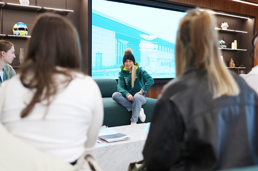 Aston Martin Aramco Driver Ambassador and Head of F1 Racing Academy Jessica Hawkins spent time with the Creator Collective on their first visit to the AMR Technology Campus.