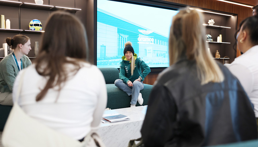 Aston Martin Aramco Driver Ambassador and Head of F1 Racing Academy Jessica Hawkins spent time with the Creator Collective on their first visit to the AMR Technology Campus.