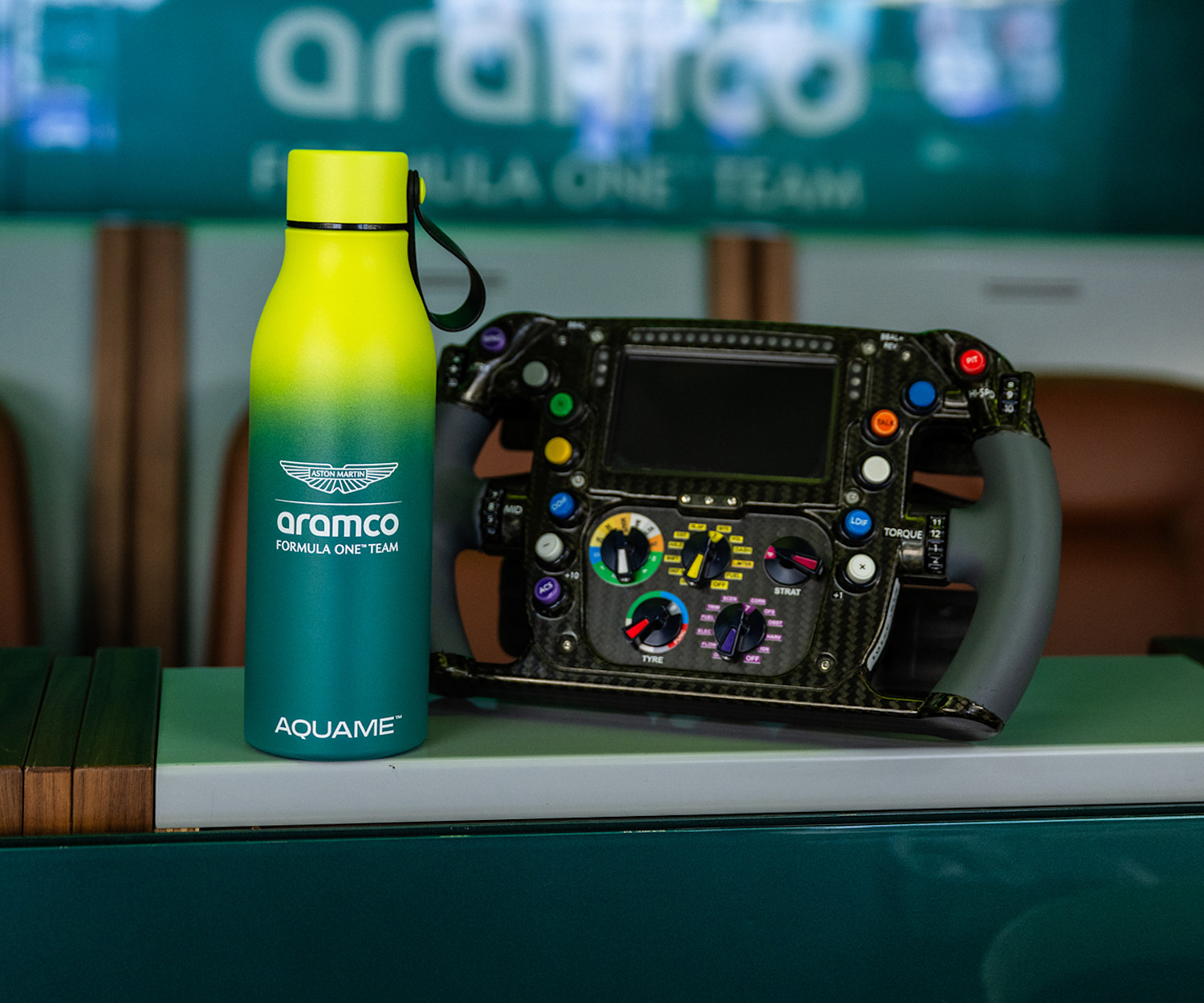 Aston Martin Aramco × AQUAME water bottles official collaboration image