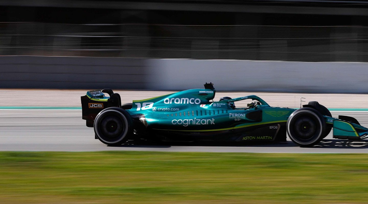 Lance in the AMR22 during Barcelona testing