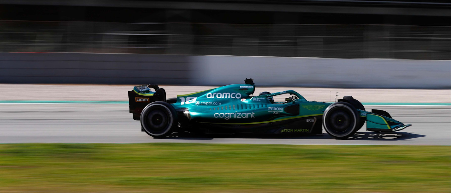 Lance in the AMR22 during Barcelona testing