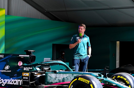 Rachel Brookes interviews Nico Hülkenberg on stage during the I / AM GBR event at Silverstone