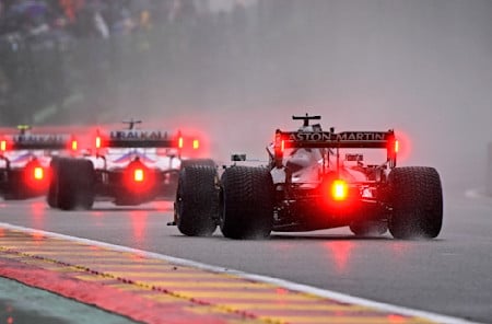 Lance exits the first corner as the field follows the Safety Car on Sunday
