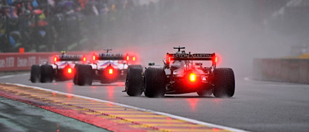 Lance exits the first corner as the field follows the Safety Car on Sunday