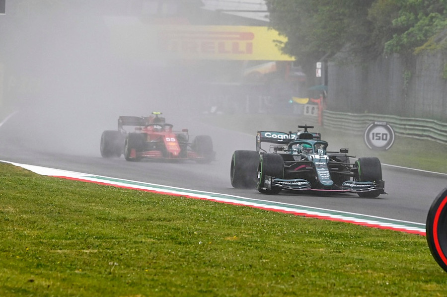 Lance battles Carlos Sainz Jr early in the Emilia Romagna Grand Prix