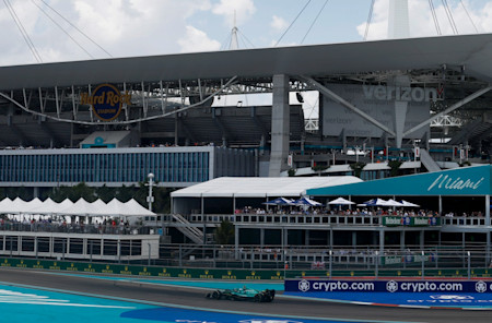 The AMR22 takes its first laps around Miami's Hard Rock Stadium