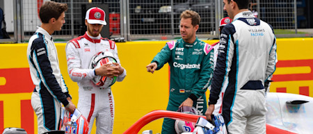 Sebastian Vettel with Antonio Giovinazzi, George Russell and Nicholas Latifi during the 2022 F1 car launch